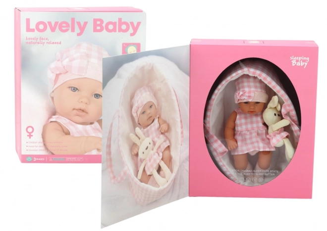 Bambola Neonato con Zaino Coniglietto in Abbigliamento a Quadri Rosa