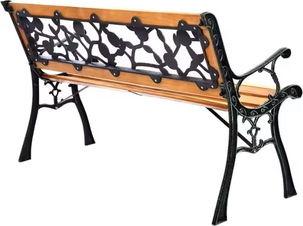 Panchina da giardino in legno con telaio e schienale in metallo