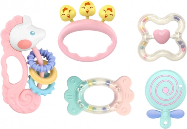Set di sonagli e massaggiagengive sensoriali rosa per neonati 5 pezzi