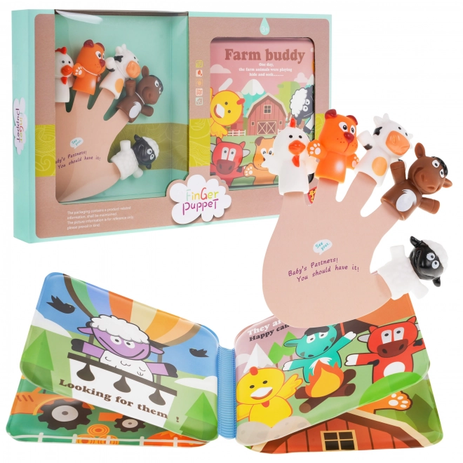 Set di 5 burattini in gomma da dito + libro Fattoria per bambini 3+ Animali della fattoria + impermeabile