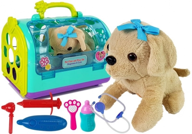 Set veterinario con cagnolino e trasportino