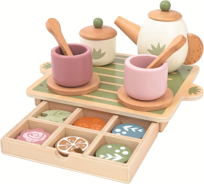 set da tè in legno per bambini con vassoio e cassetto