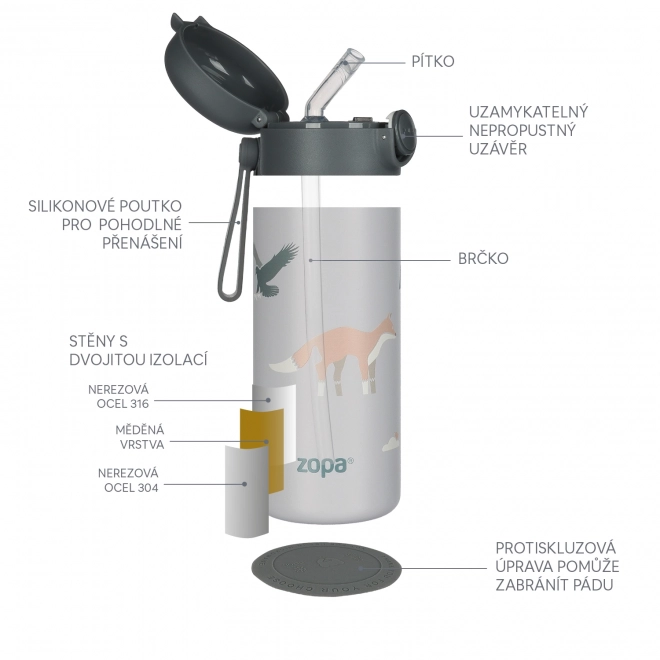 Borraccia termica con cannuccia e manico in silicone 350 ml, design Mountain