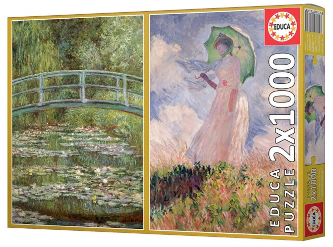 Puzzle Educa Stagno con Ninfee e Donna con Ombrello 2x1000 Pezzi