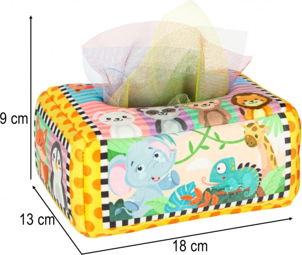 Box sensoriale Montessori con fazzoletti colorati e animaletti