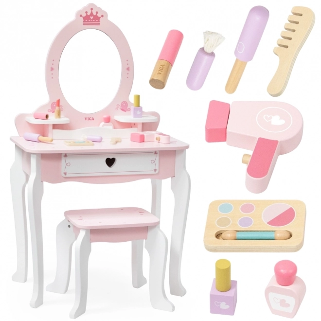 Viga grande specchiera in legno bianco-rosa con specchio e sedia