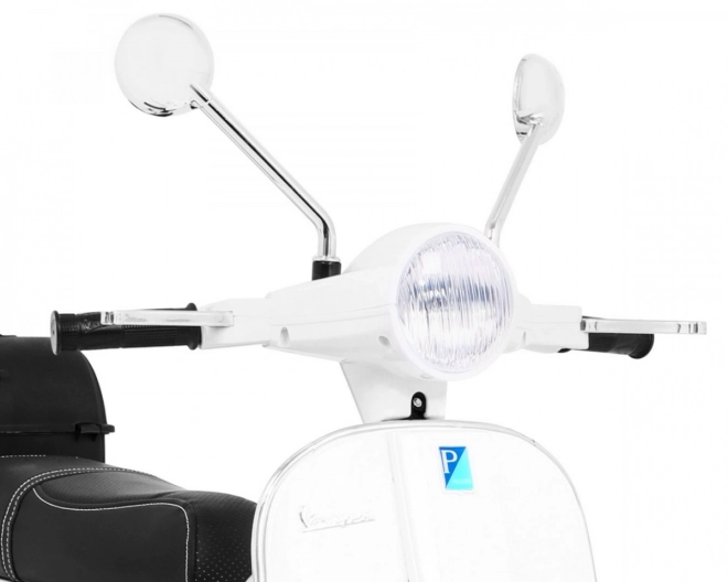 Scooter elettrico Vespa per bambini bianco con rotelle ausiliarie e audio