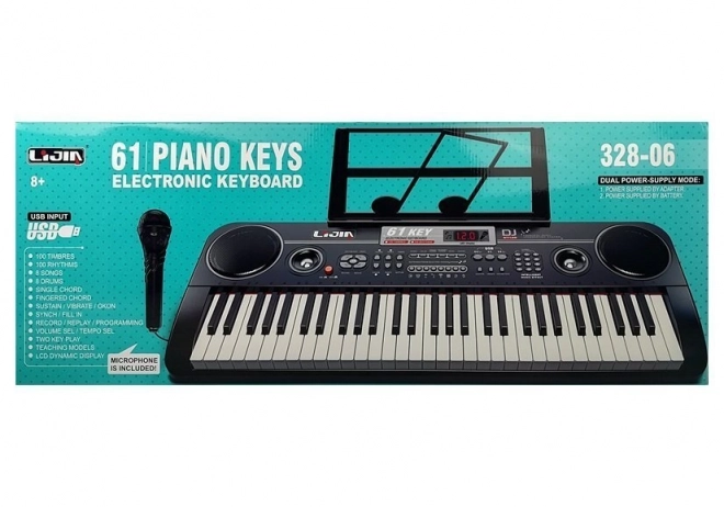 Keyboard musicale nero con microfono e alimentatore