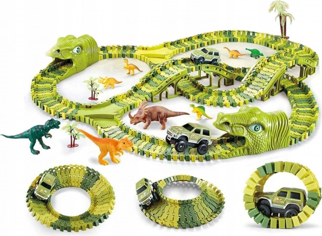 Pista da corsa di dinosauro con macchinina e figurine