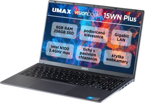 umax visionbook 15wn plus notebook 15,6" con intel n100, 8 gb ram e 256 gb ssd