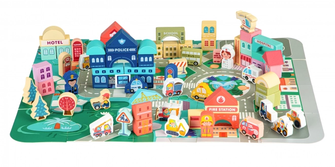 Blocchi educativi in legno con tappeto città 121 pezzi Ecotoys