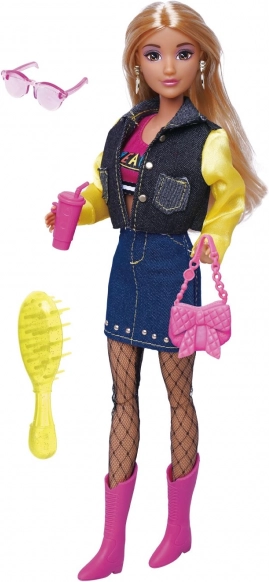 Bambola con gonna di denim e accessori 30 cm