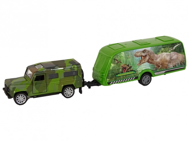 Set di veicoli Jeep con rimorchio e dinosauri
