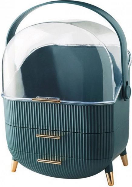 Organizer per cosmetici con coperchio trasparente e due cassetti verde