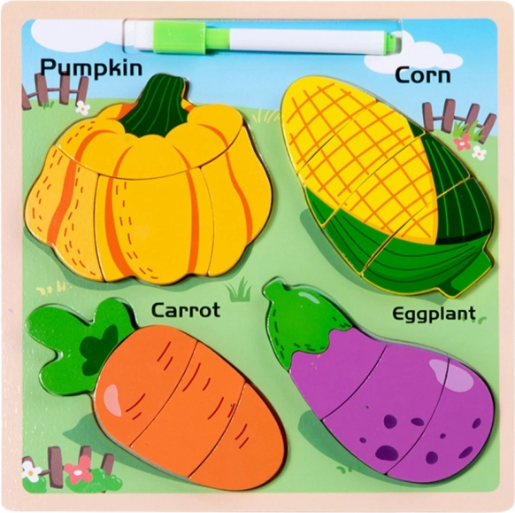 Puzzle educativo in legno con verdure e lavagna