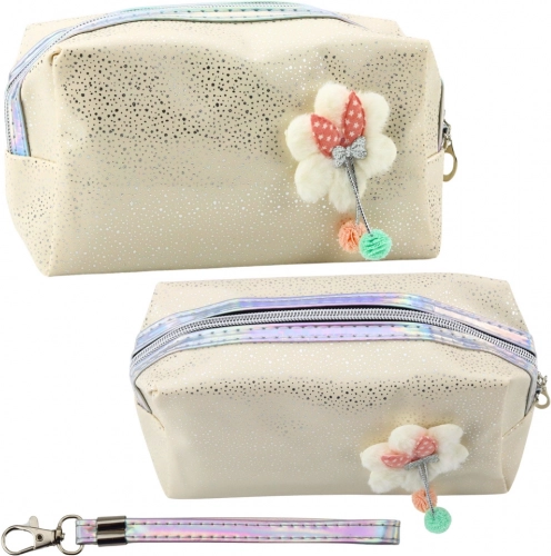 Beauty case con fiocco e glitter beige