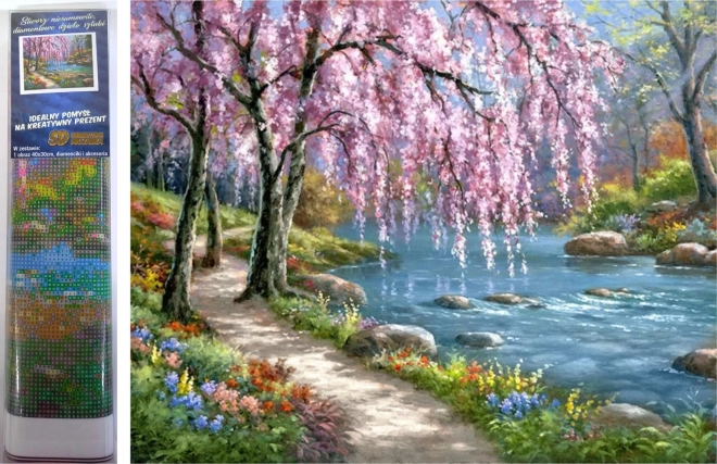 Dipinto di diamante Sakura sul fiume 30x40cm