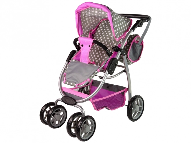 Passeggino per bambole 2 in 1 con borsa rosa stelle