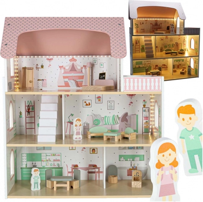 Casetta in legno per bambole con illuminazione LED Lulilo Peonio 70 cm, rosa