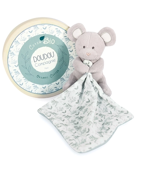 Doudou Myška e Copertina in Cotone Bio Verde e Bianco 15 cm