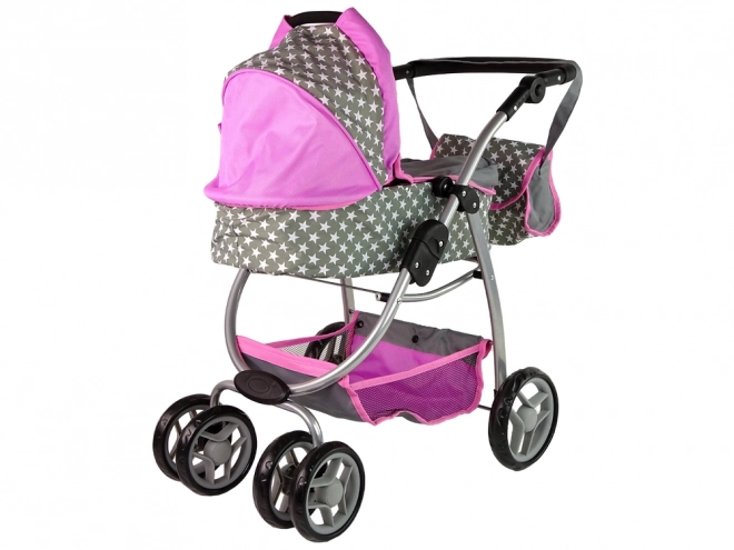 Passeggino per bambole 2 in 1 con borsa rosa stelle