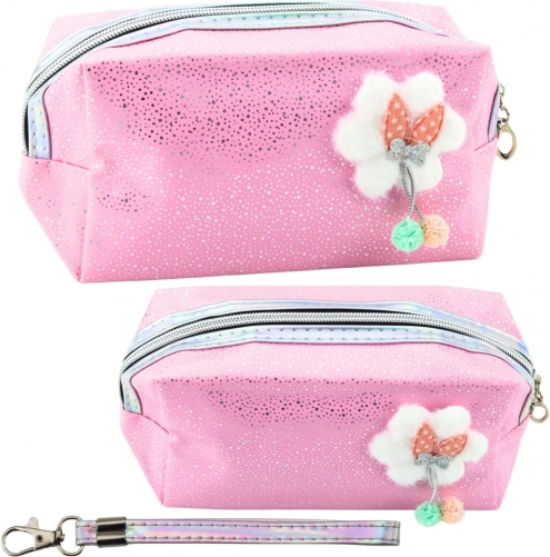 Astuccio rosa per cosmetici con fiocchetto e glitter