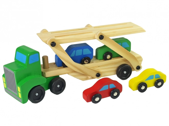 Carro attrezzi in legno verde con automobili