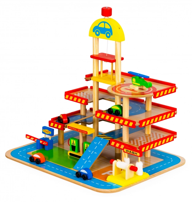 Garage in legno a 3 livelli con ascensore e auto Ecotoys