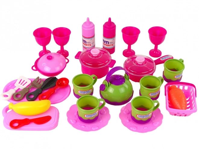 Set rosa di stoviglie in borsa, 31 pezzi
