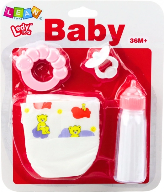 Set di accessori per bambole con biberon, ciuccio, pannolino e sonaglio