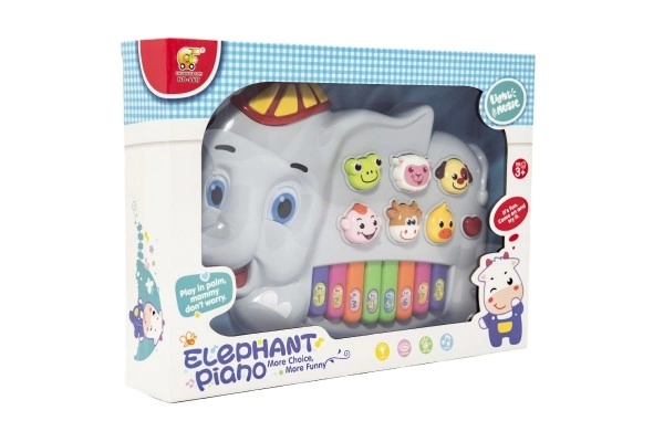 Pianino elefante con animaletti in plastica 28 cm a batterie con suoni e luci in scatola 32x23x6 cm