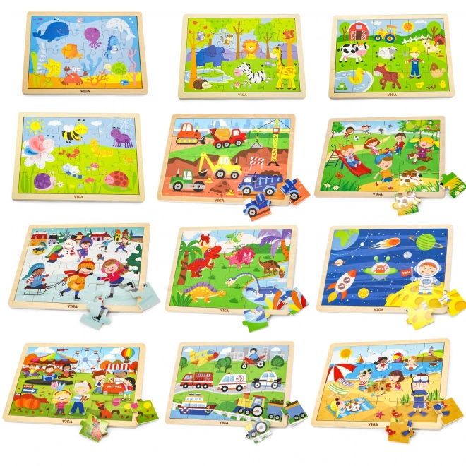 Set di puzzle in legno con 12 giochi da 24 pezzi su supporto