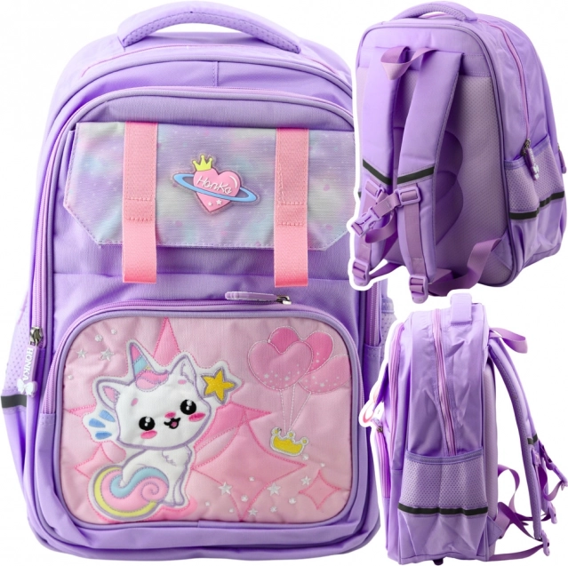 Zaino scolastico viola con gatto e fascia toracica 20L