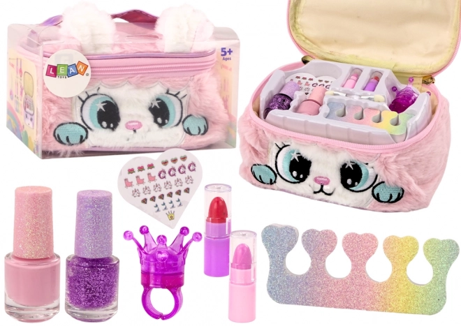Set bellezza con pochette in peluche gatto smalti rossetti