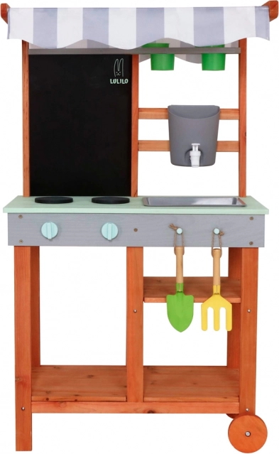 Cucina da giardino in legno su ruote con accessori e rubinetto Lulilo Sableto