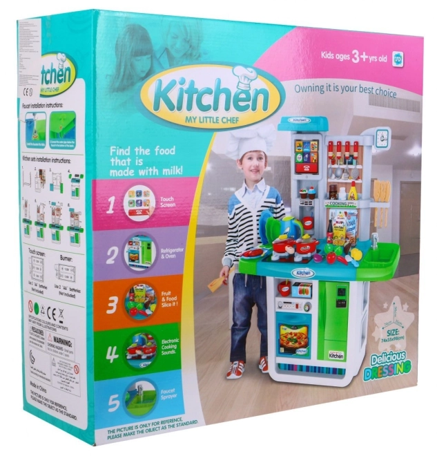 Grande cucina interattiva blu per bambini 3+ con fornelli, rubinetto e pannello audio – Blu