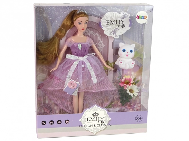 Bambola per bambini Emily con capelli lunghi e gattino bianco