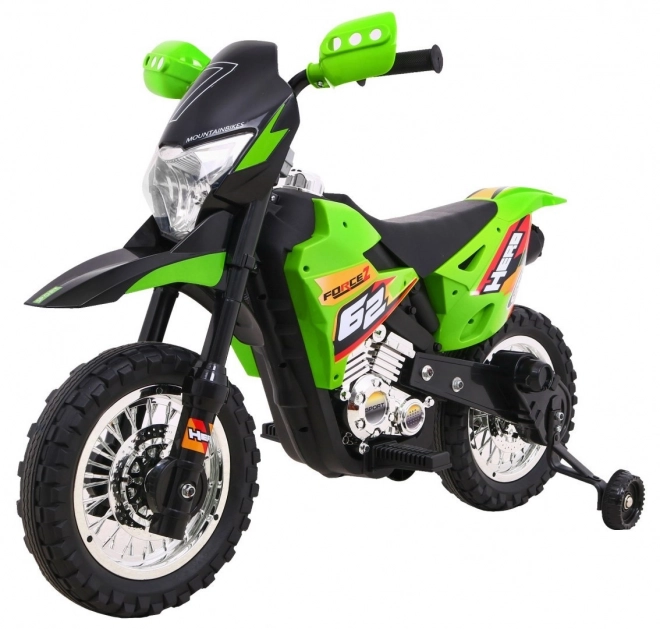 Moto elettrico per bambini verde con luci LED e ruote opzionali