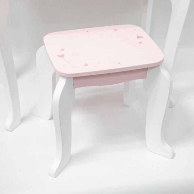 Viga grande specchiera in legno bianco-rosa con specchio e sedia
