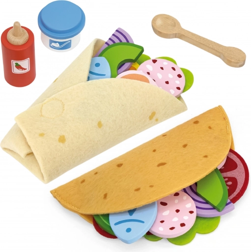viga set per taco e burrito – alimenti in legno e feltro, 27 pezzi