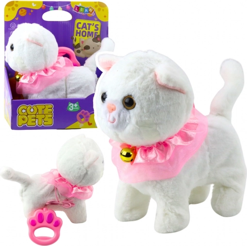 Gattino bianco interattivo al guinzaglio con balza rosa e campanellino