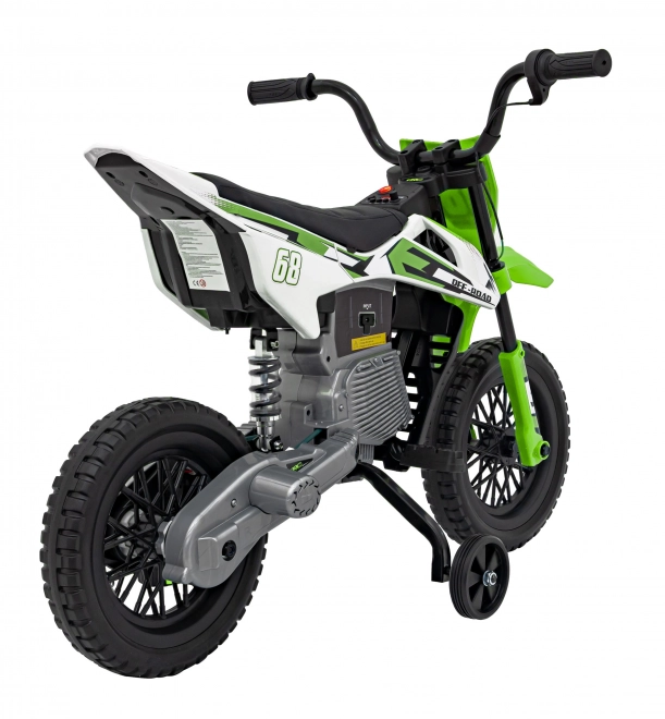 Moto verde per bambini a batteria con pannello audio e ruote in EVA