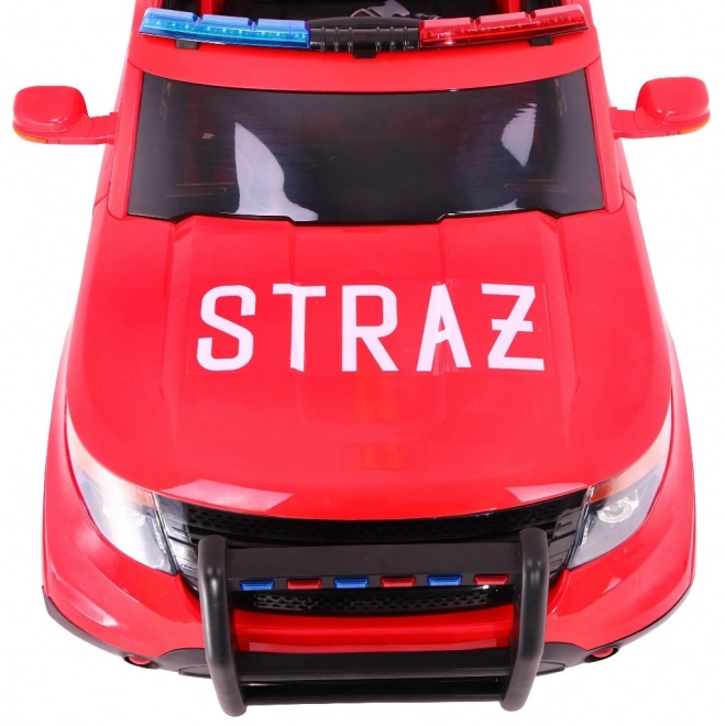 SUV dei vigili del fuoco per bambini a batteria + sirene + luci + megafono + telecomando + partenza lenta + adesivi