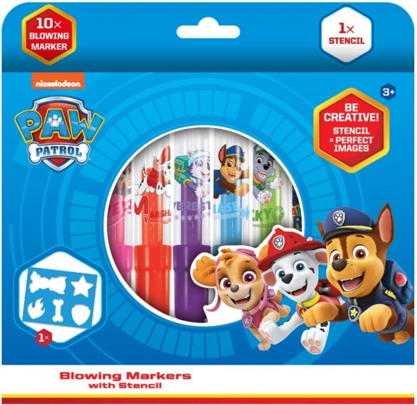 Pennarelli a soffio con stencil PAW PATROL, 10 pz, scatola 20 × 19 cm