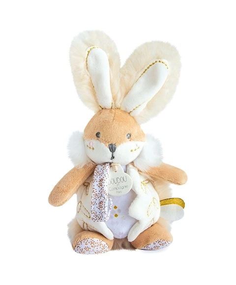 Doudou coniglio con sonaglio e portaciuccio 21 cm bianco