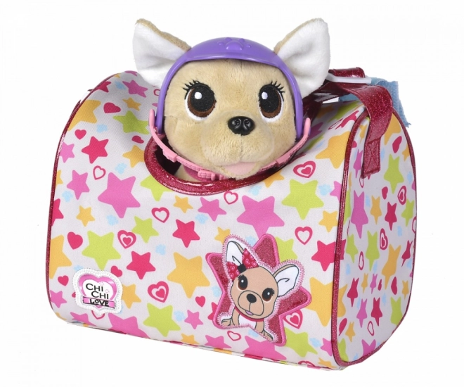 Morbido chihuahua con casco – pronto per le gite