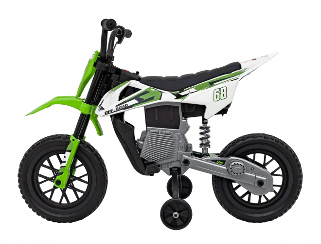 Moto verde per bambini a batteria con pannello audio e ruote in EVA