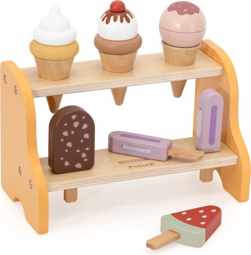 Espositore in legno a due livelli per una presentazione ordinata