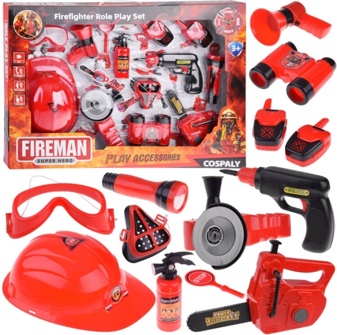 Grande set dei vigili del fuoco con casco e sega 13 pezzi