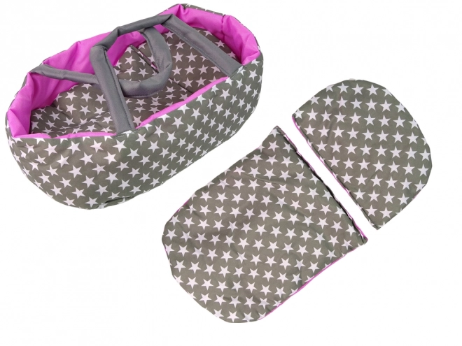 Passeggino per bambole 2 in 1 con borsa grigio e rosa stelle